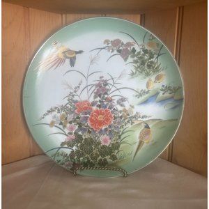Vintage Imari Asian Chinoiserie Quail Pheasant Cherry Blossoms Green Dinner Plat
